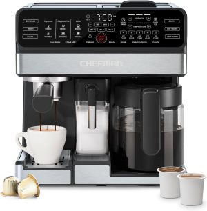 Chefman Coffee Maker Espresso Machine Combo. 8-in-1 Coffee Station with Automatic Milk Frother for Lattes.